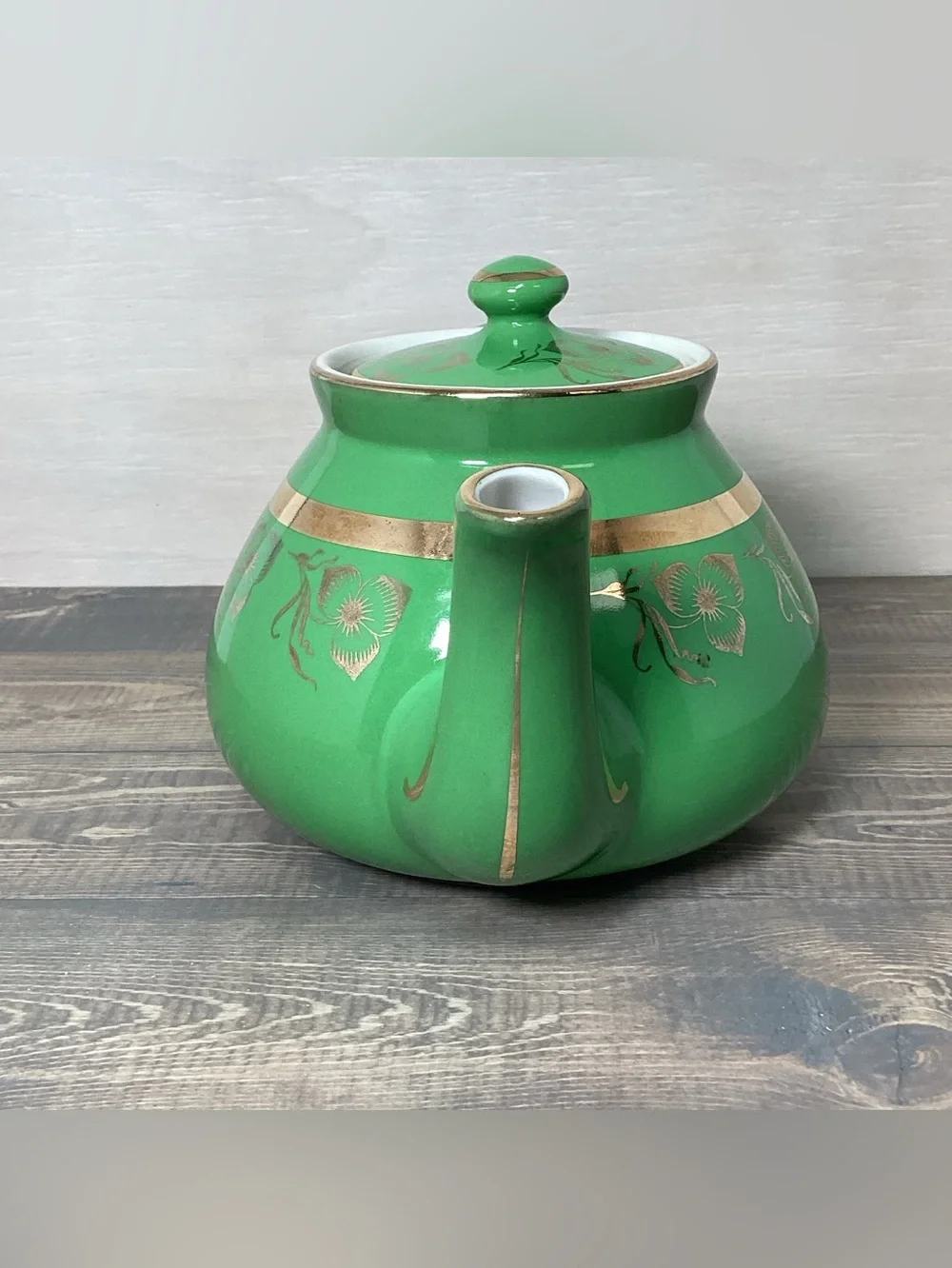 Vintage Hall China Pottery 6 Cup Teapot 032 Emerald Green & Gold 5.5x9
